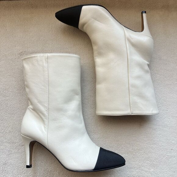 Toral Cream Leather & Black Fabric Cap Pointy Toe Boots Women EU 36 US 6 Chic - Picture 16 of 16